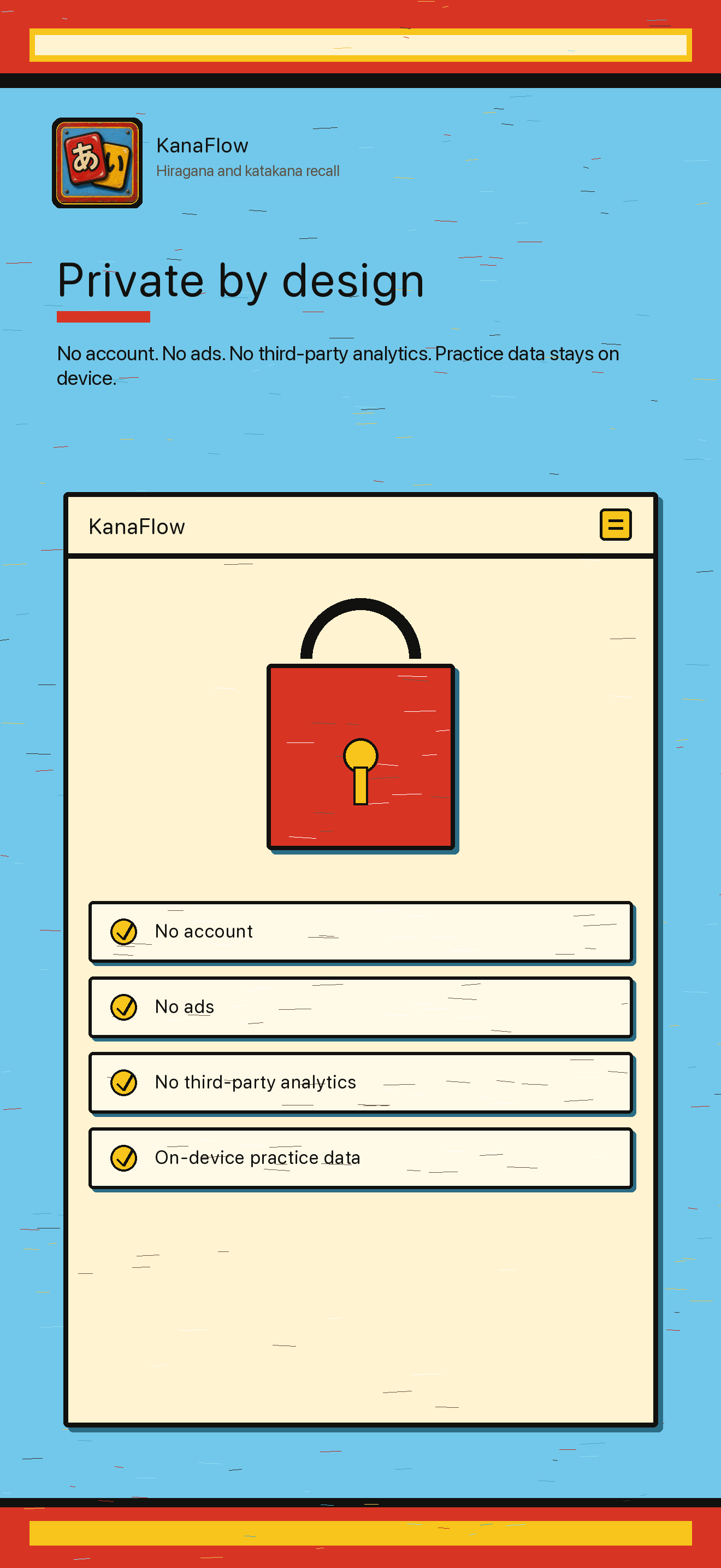 KanaFlow Practice preview explaining private on-device practice