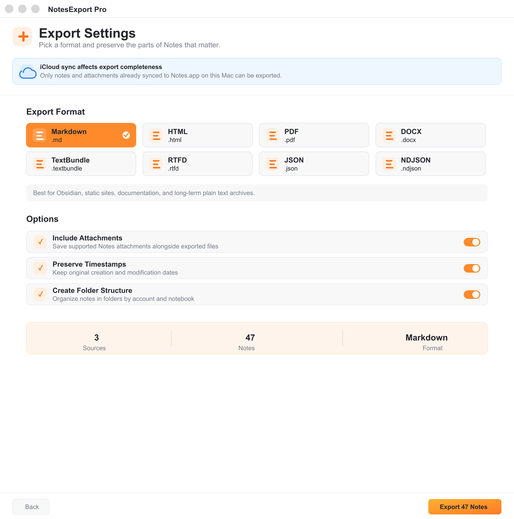 Export settings with format grid and options