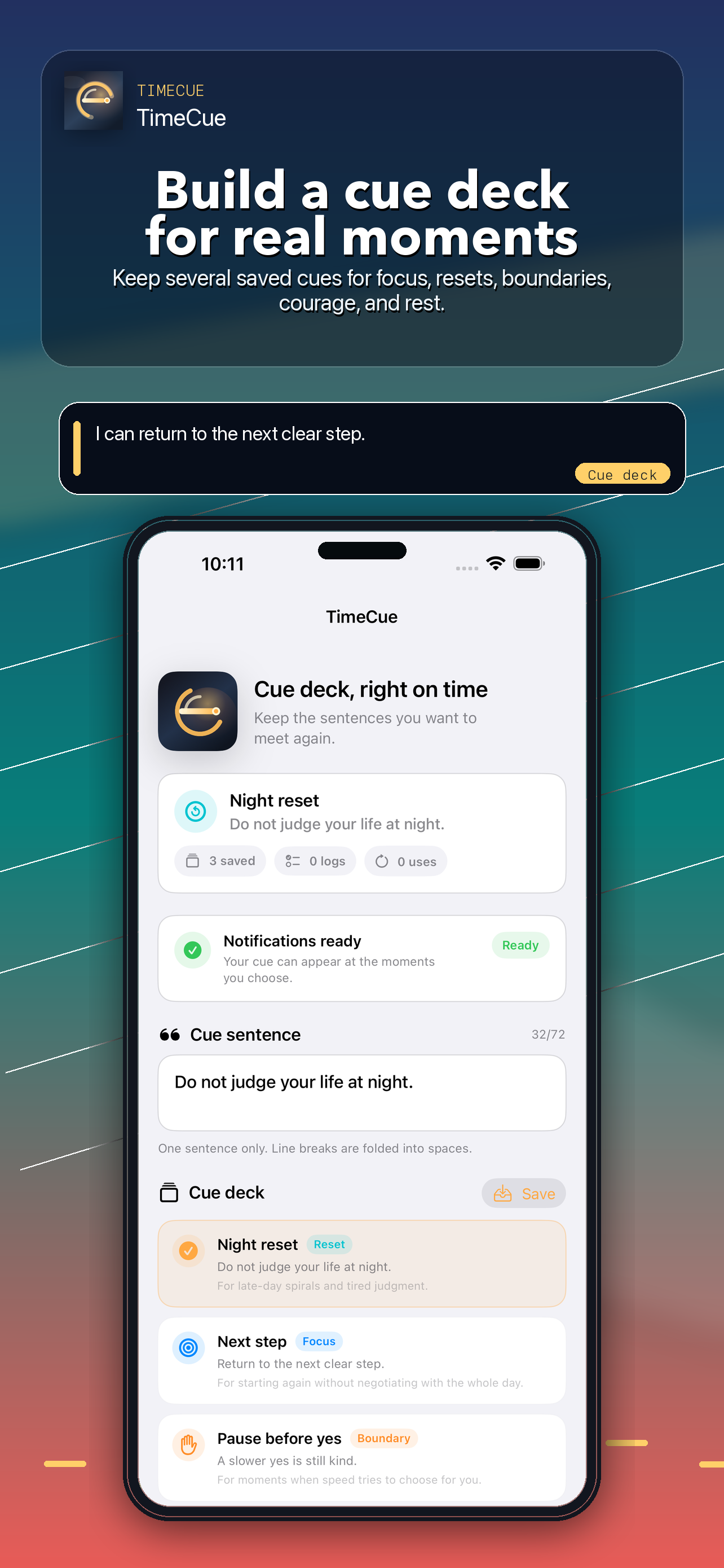 TimeCue fixed reminder setup with one cue sentence and three daily times