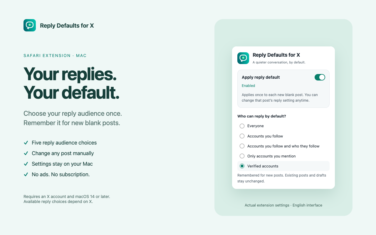 The Safari extension's actual settings with five reply audiences and Verified accounts selected.